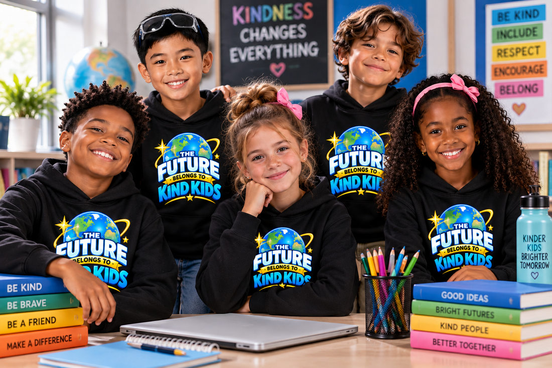 Five diverse, smiling kids in a classroom wearing Kidxtr™ black hoodies that say The Future Belongs to Kind Kids — kids graphic tee by Kidxtr