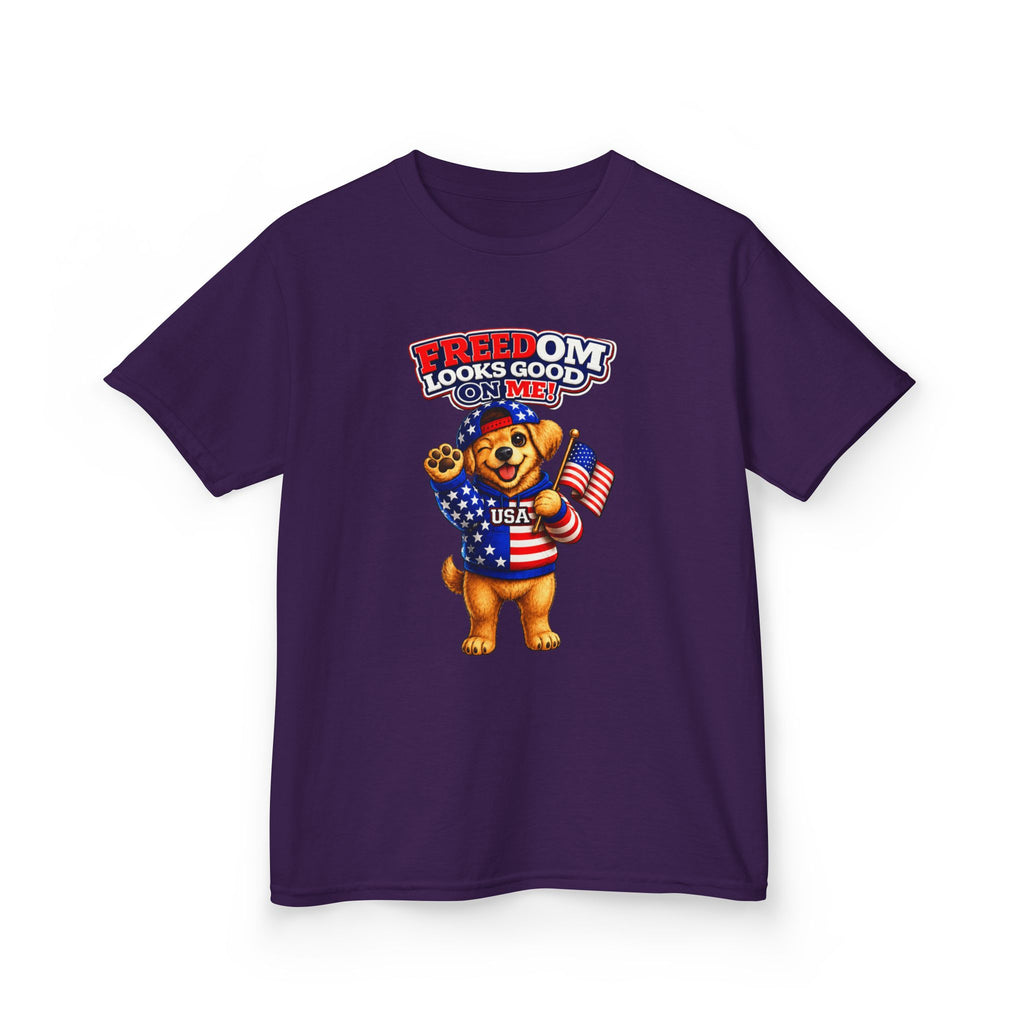Kids Patriotic T-Shirt — 'Freedom Looks Good on Me' USA Dog Graphic Tee