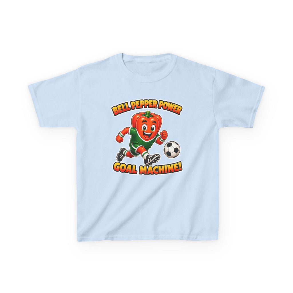 Kids Soccer T-Shirt — 'Bell Pepper Power' Goal Machine Cute Veggie Mascot Graphic Tee