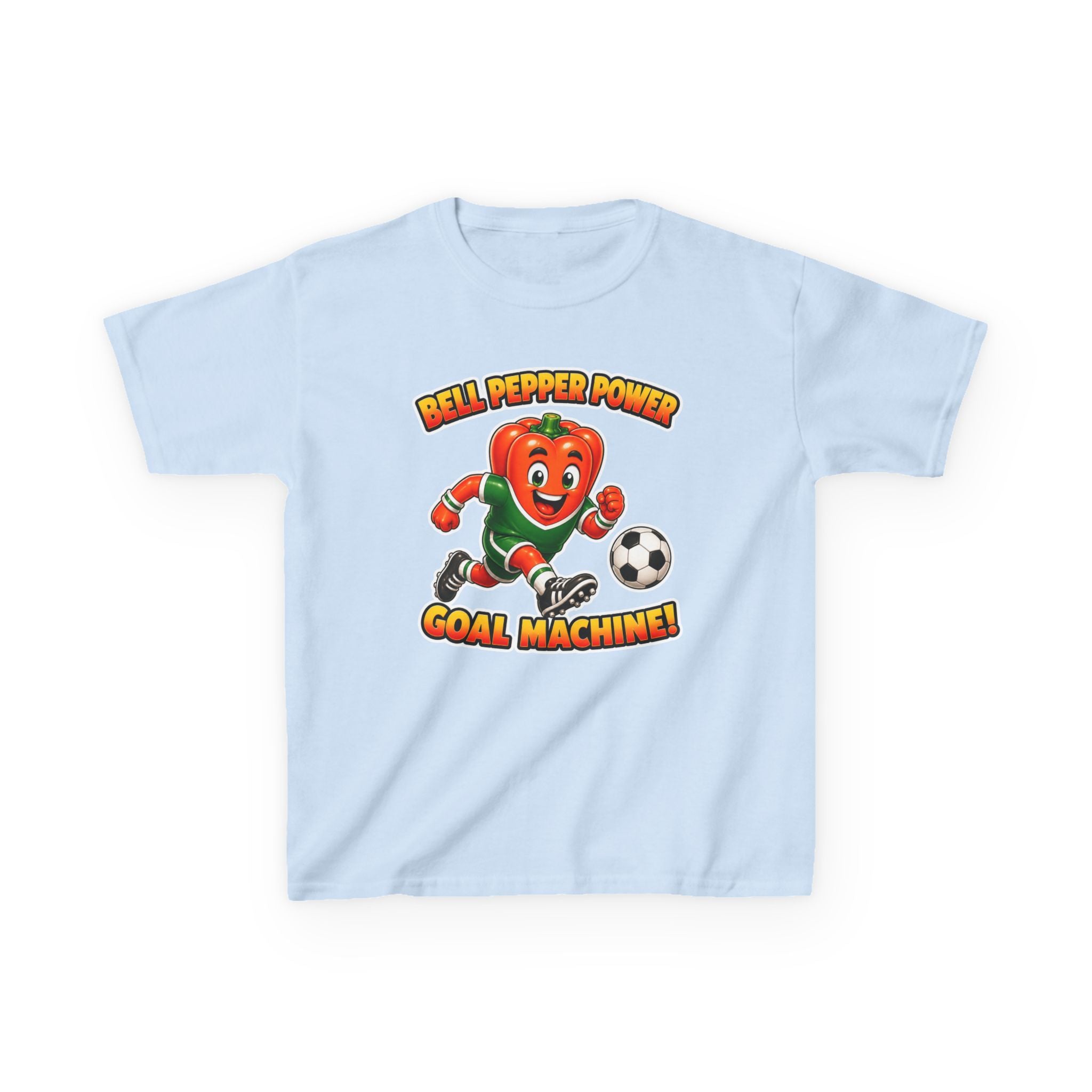 Kids Soccer T-Shirt — 'Bell Pepper Power' Goal Machine Cute Veggie Mascot Graphic Tee