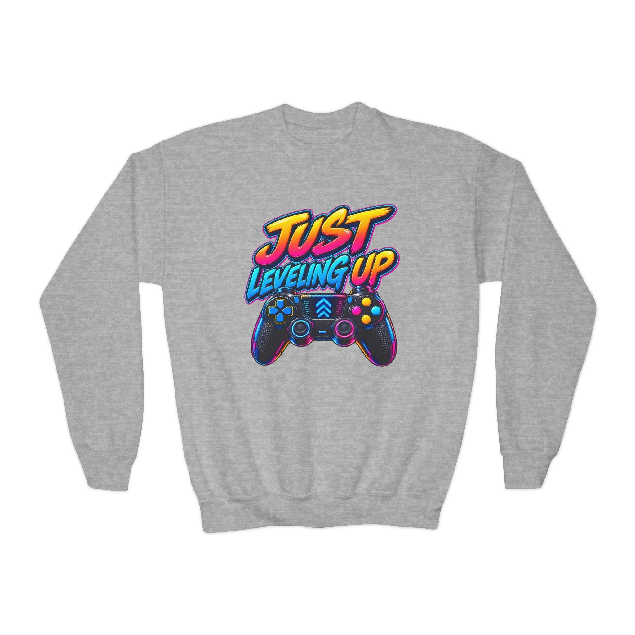 Kidxtr™ Kids Gamer Crewneck — 'Just Level Up' Cartoon Graphic Sweatshirt