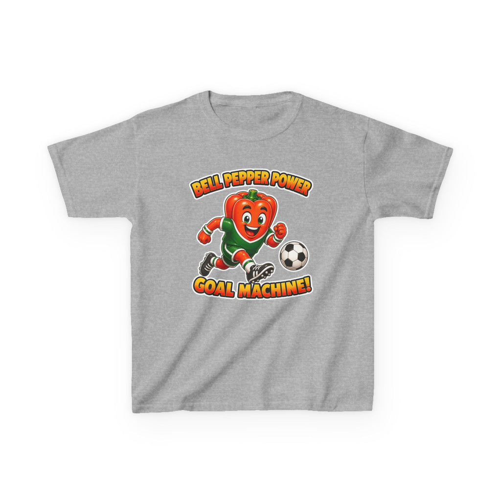 Kids Soccer T-Shirt — 'Bell Pepper Power' Goal Machine Cute Veggie Mascot Graphic Tee