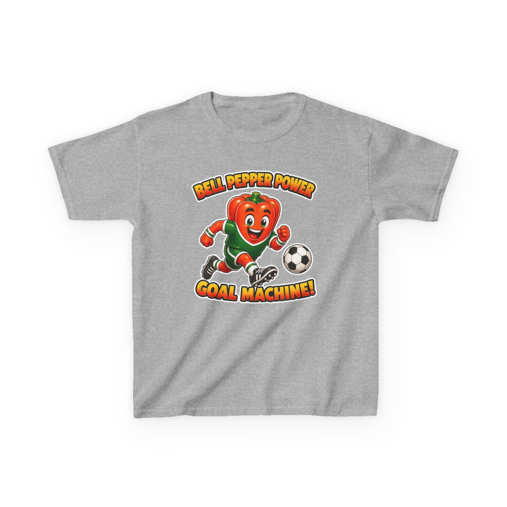 Kids Soccer T-Shirt — 'Bell Pepper Power' Goal Machine Cute Veggie Mascot Graphic Tee