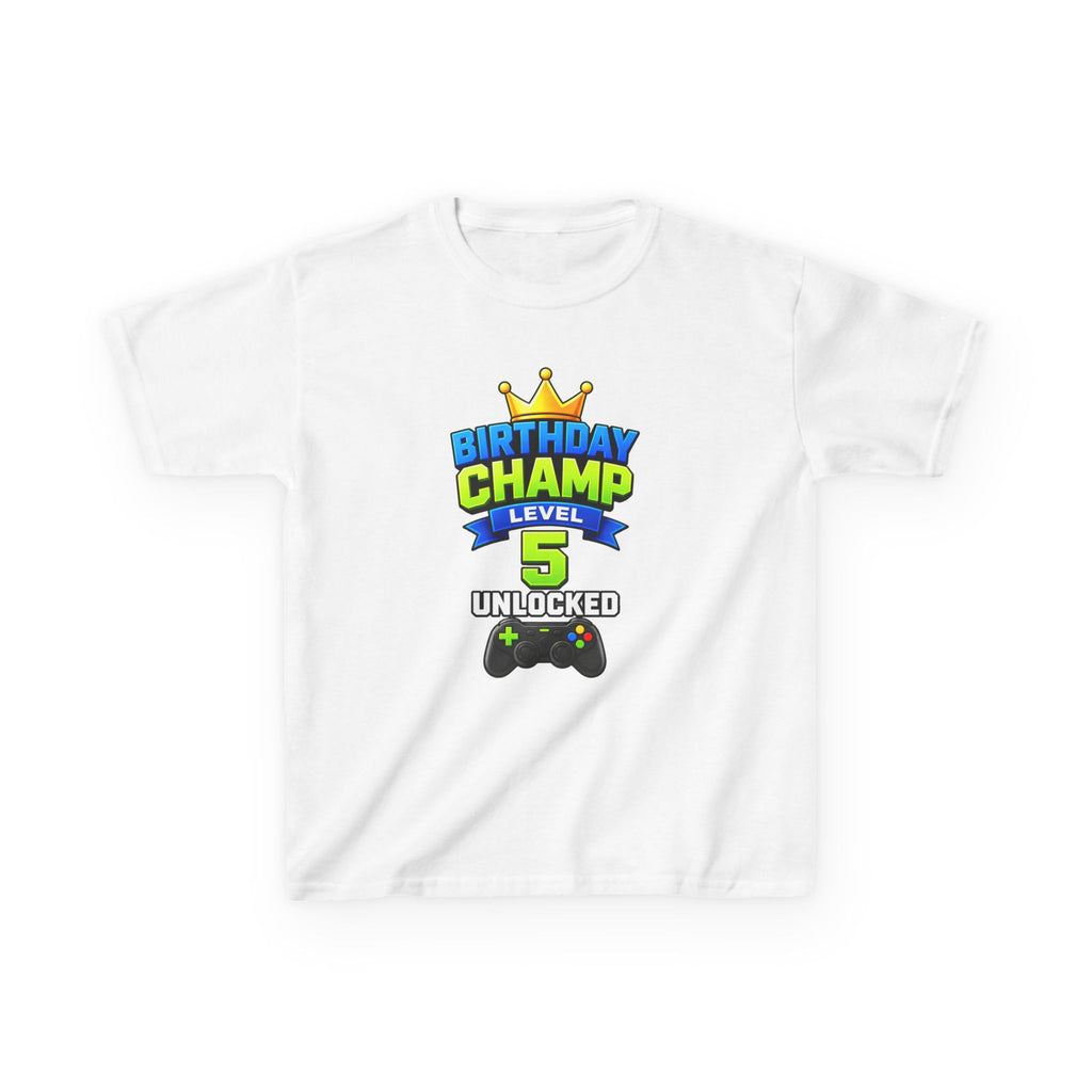 Kids Tee — "Birthday Champ Level 5 Unlocked" Gamer Birthday Shirt