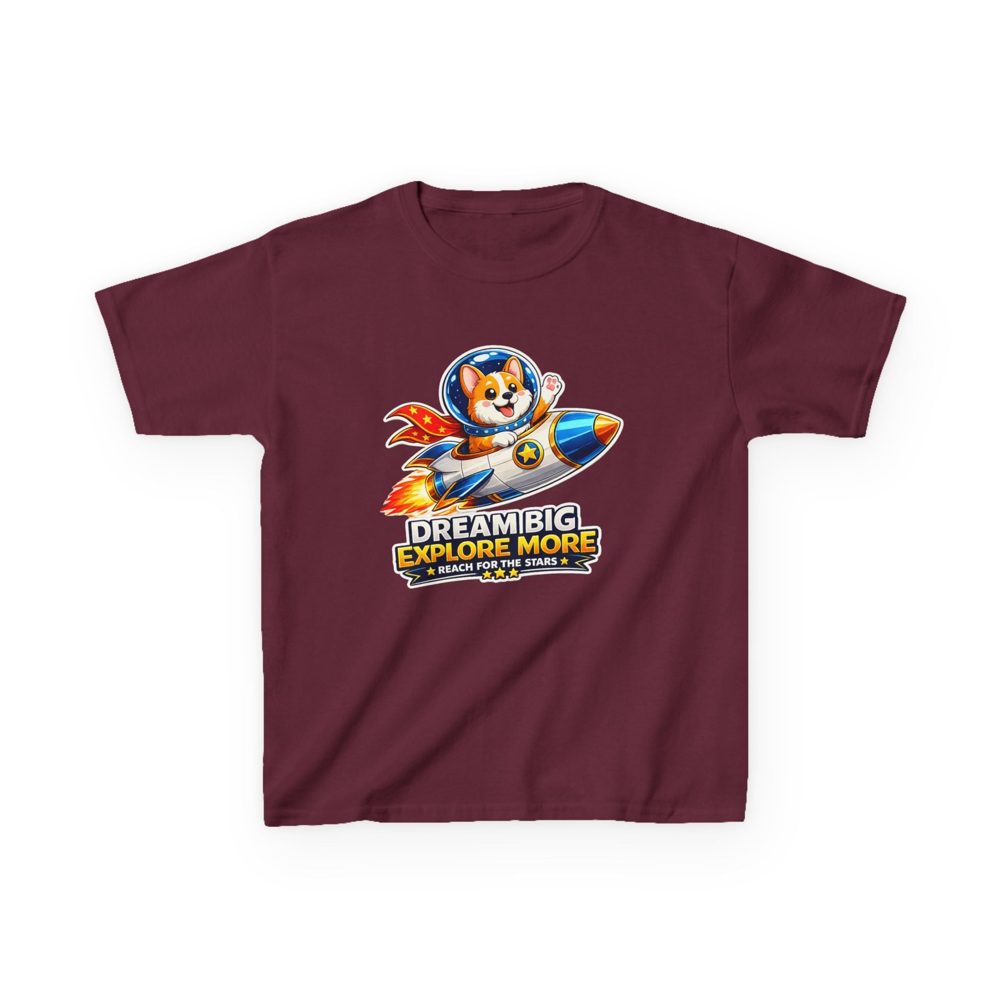Kids Tee — "Dream Big Explore More" Rocket Dog Space Graphic