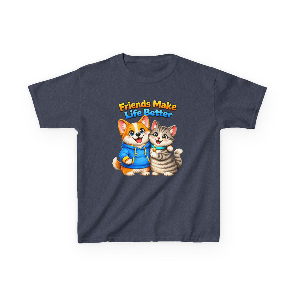 Kids Friendship T-Shirt — 'Friends Make Life Better' Cute Cat & Dog Graphic Tee