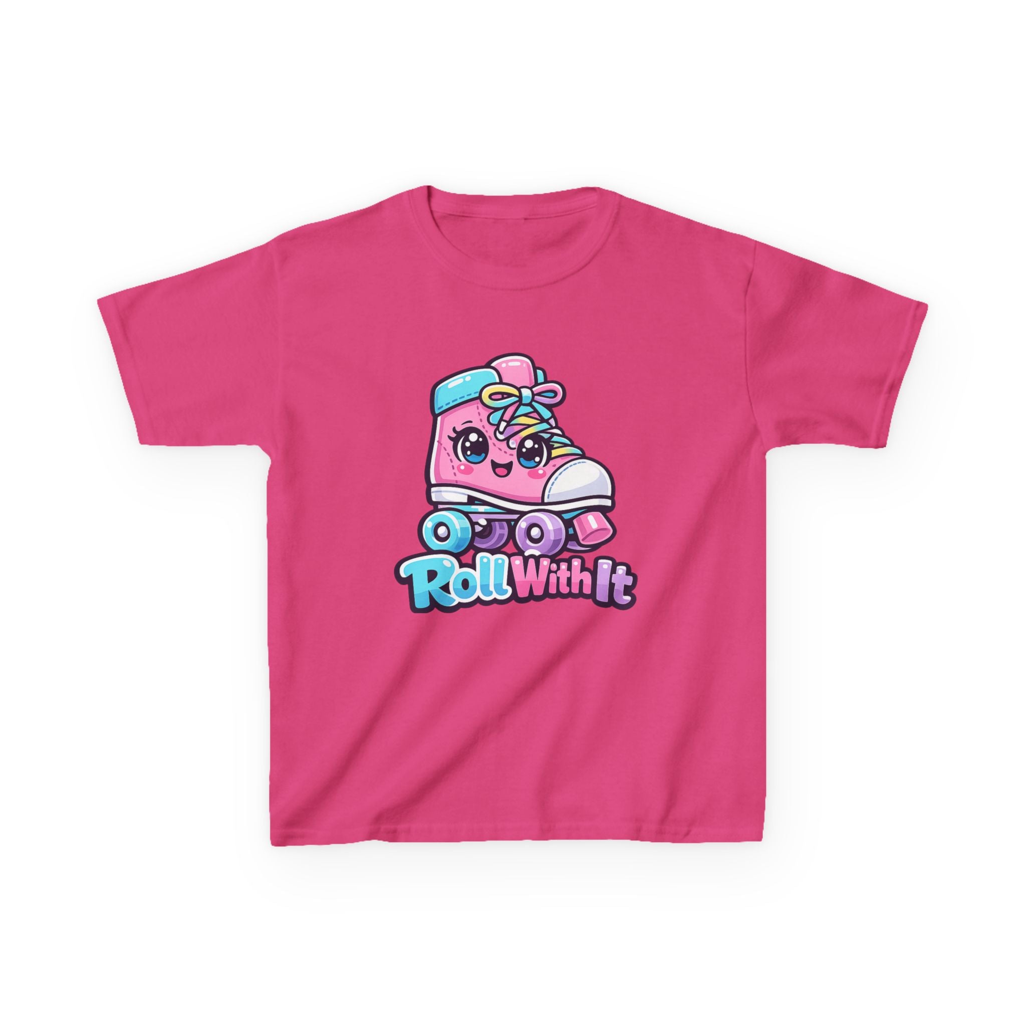 Kids Roller Skate T-Shirt — 'Roll With It' Cute Pink Roller Skate Graphic Tee