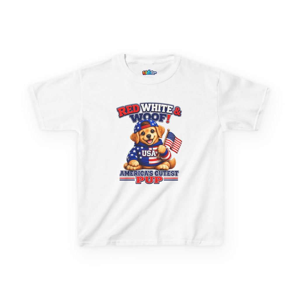 Kidxtr™ Kids Patriotic T-Shirt — 'Red White & Woof!' USA Dog Graphic Tee