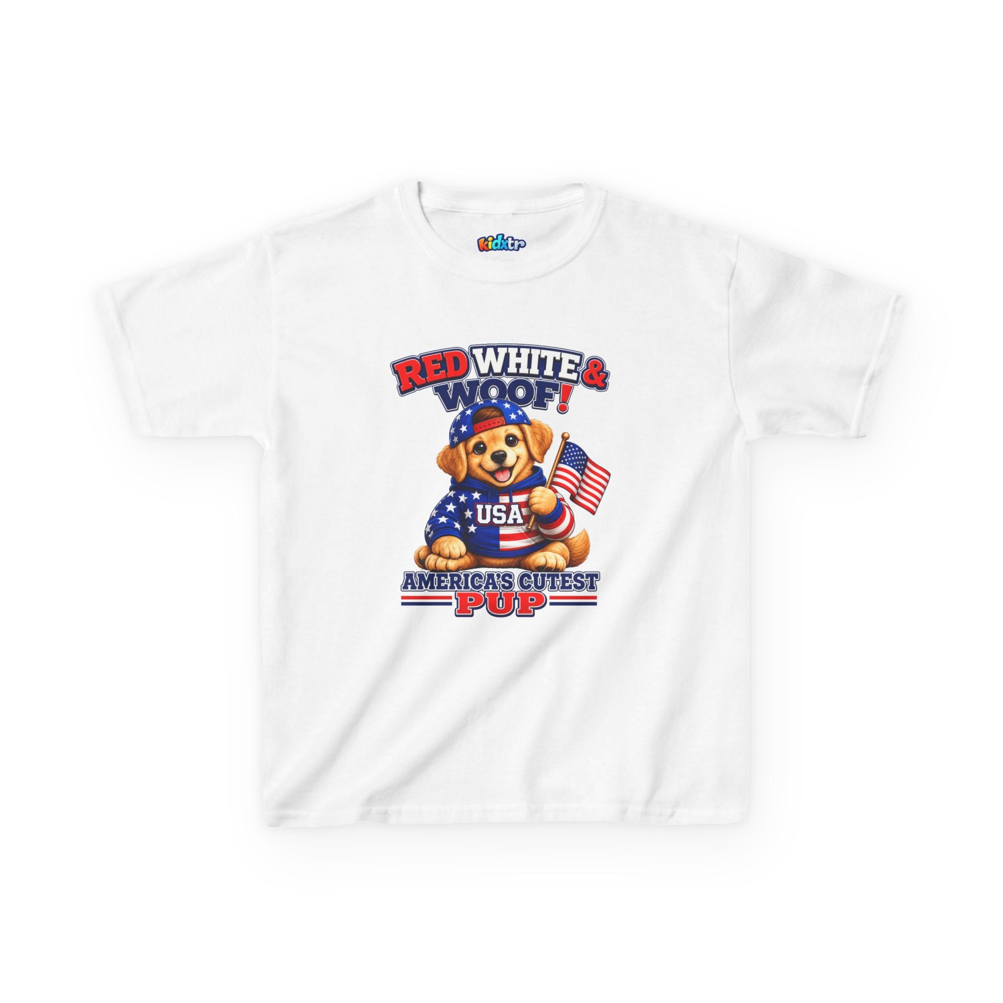 Kidxtr™ Kids Patriotic T-Shirt — 'Red White & Woof!' USA Dog Graphic Tee