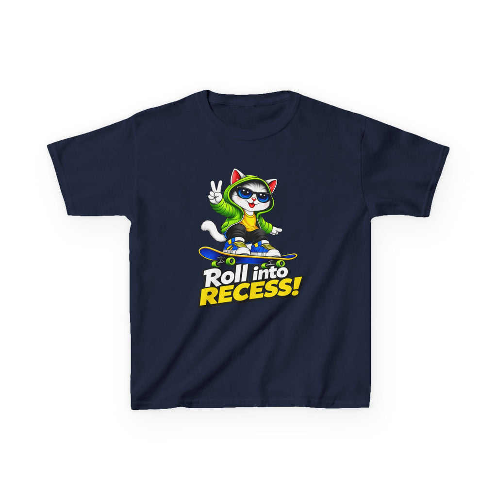 Kids Skateboarding Cat T-Shirt — 'Roll into Recess!' Graphic Tee