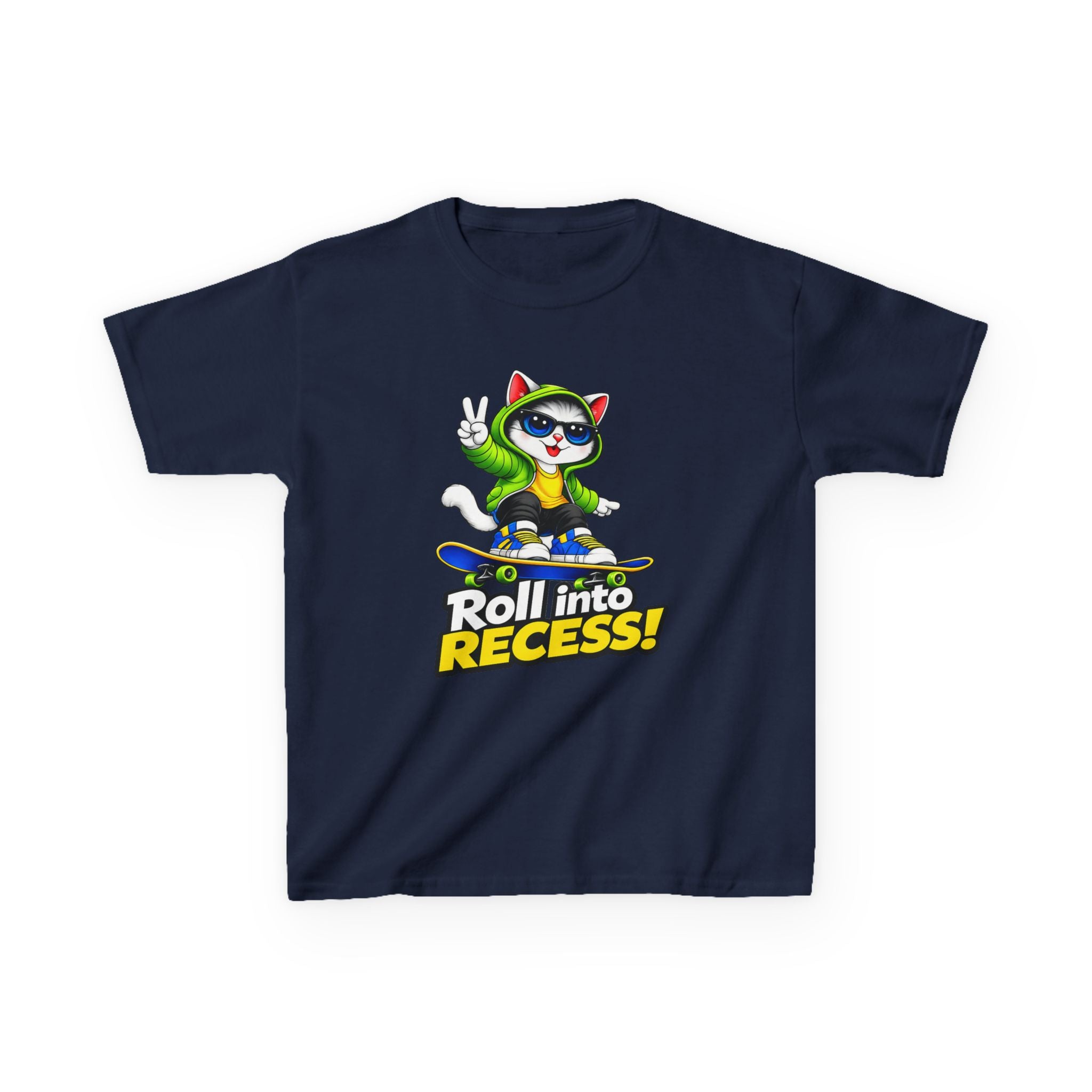 Kids Skateboarding Cat T-Shirt — 'Roll into Recess!' Graphic Tee