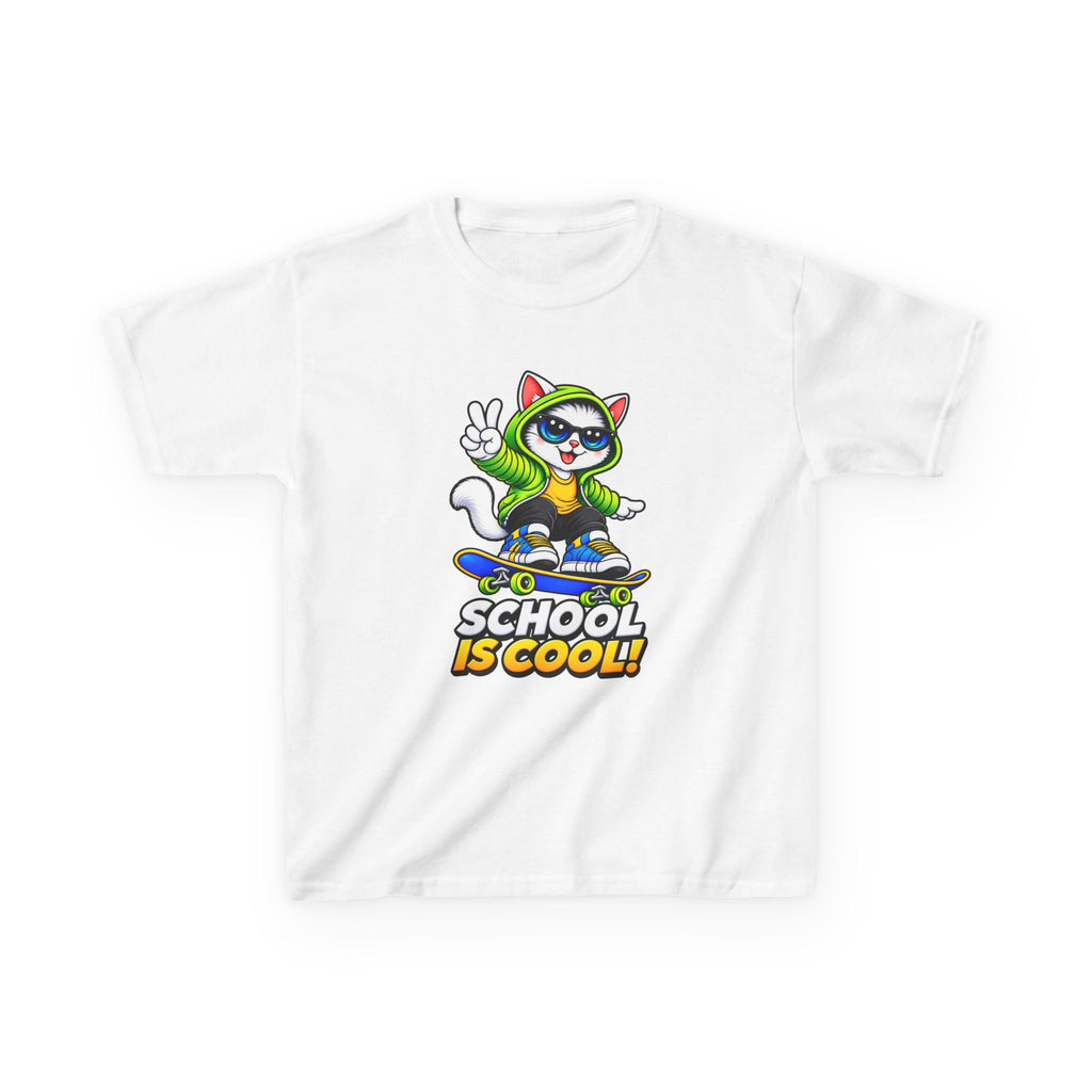 Kids School T-Shirt — 'School Is Cool' Skateboard Cat Graphic Tee