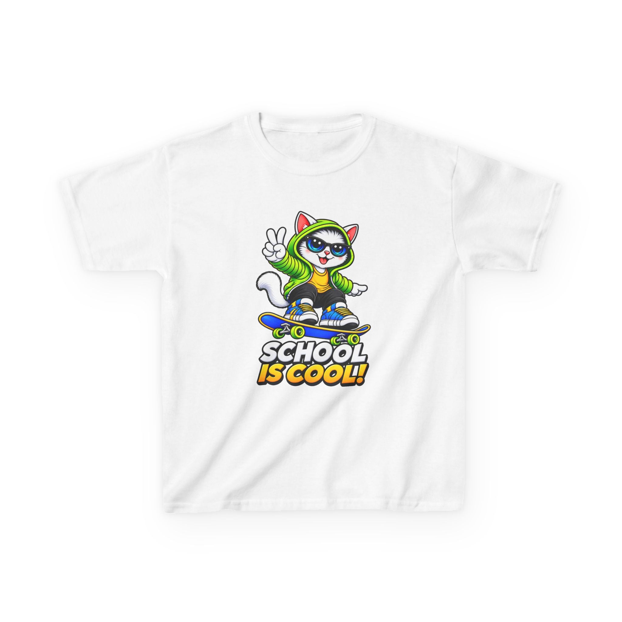 Kids School T-Shirt — 'School Is Cool' Skateboard Cat Graphic Tee