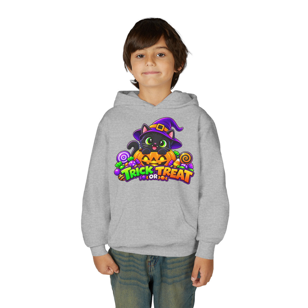 Kidxtr™ Kids Halloween Hoodie — 'Trick or Treat' Black Cat in Pumpkin Graphic Hoodie