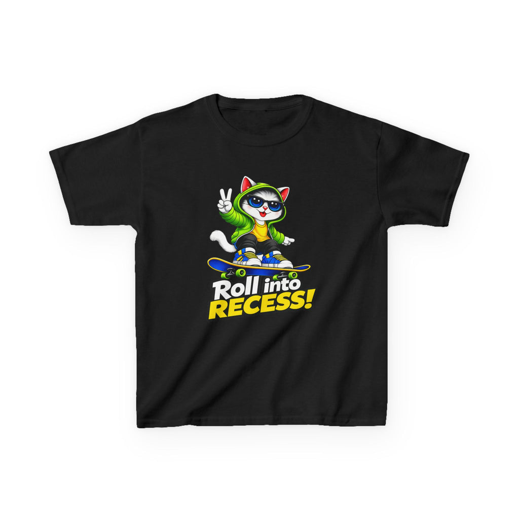 Kids Skateboarding Cat T-Shirt — 'Roll into Recess!' Graphic Tee