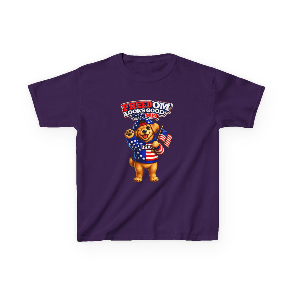 Kids Patriotic T-Shirt — 'Freedom Looks Good on Me' USA Dog Graphic Tee