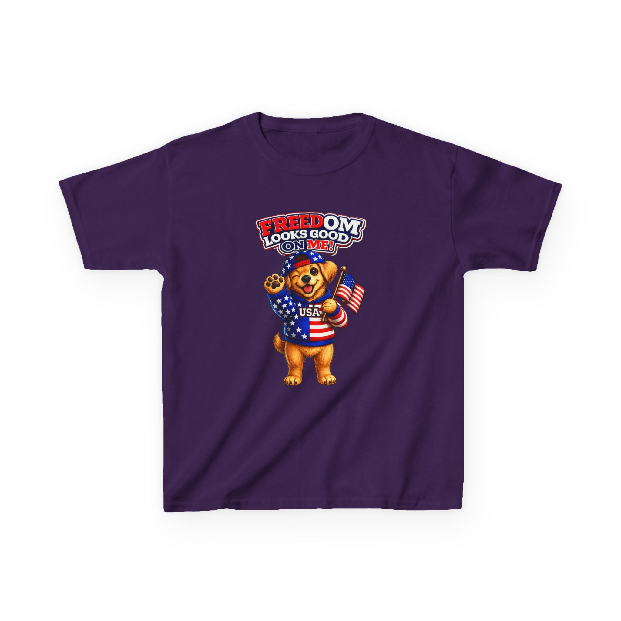 Kids Patriotic T-Shirt — 'Freedom Looks Good on Me' USA Dog Graphic Tee