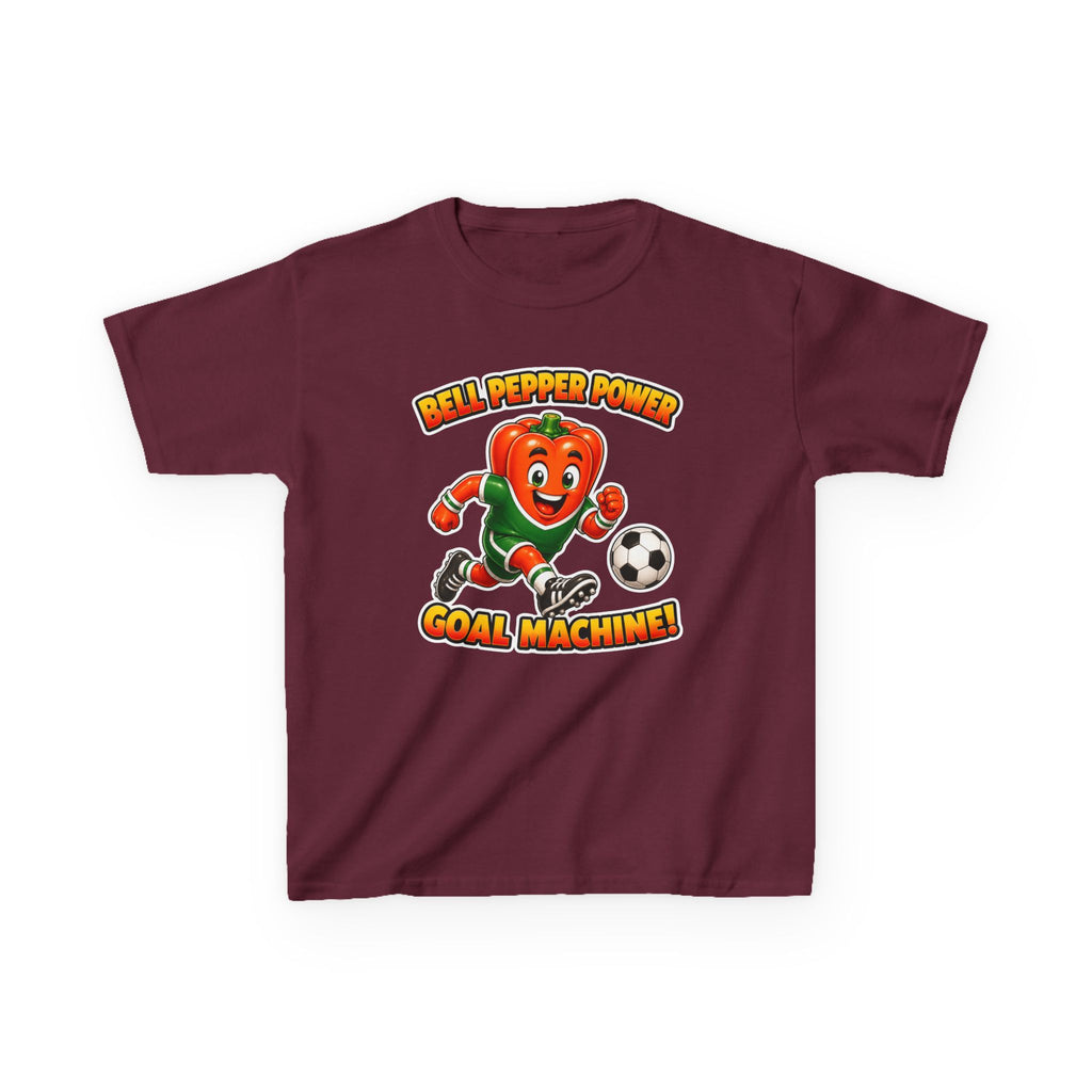 Kids Soccer T-Shirt — 'Bell Pepper Power' Goal Machine Cute Veggie Mascot Graphic Tee