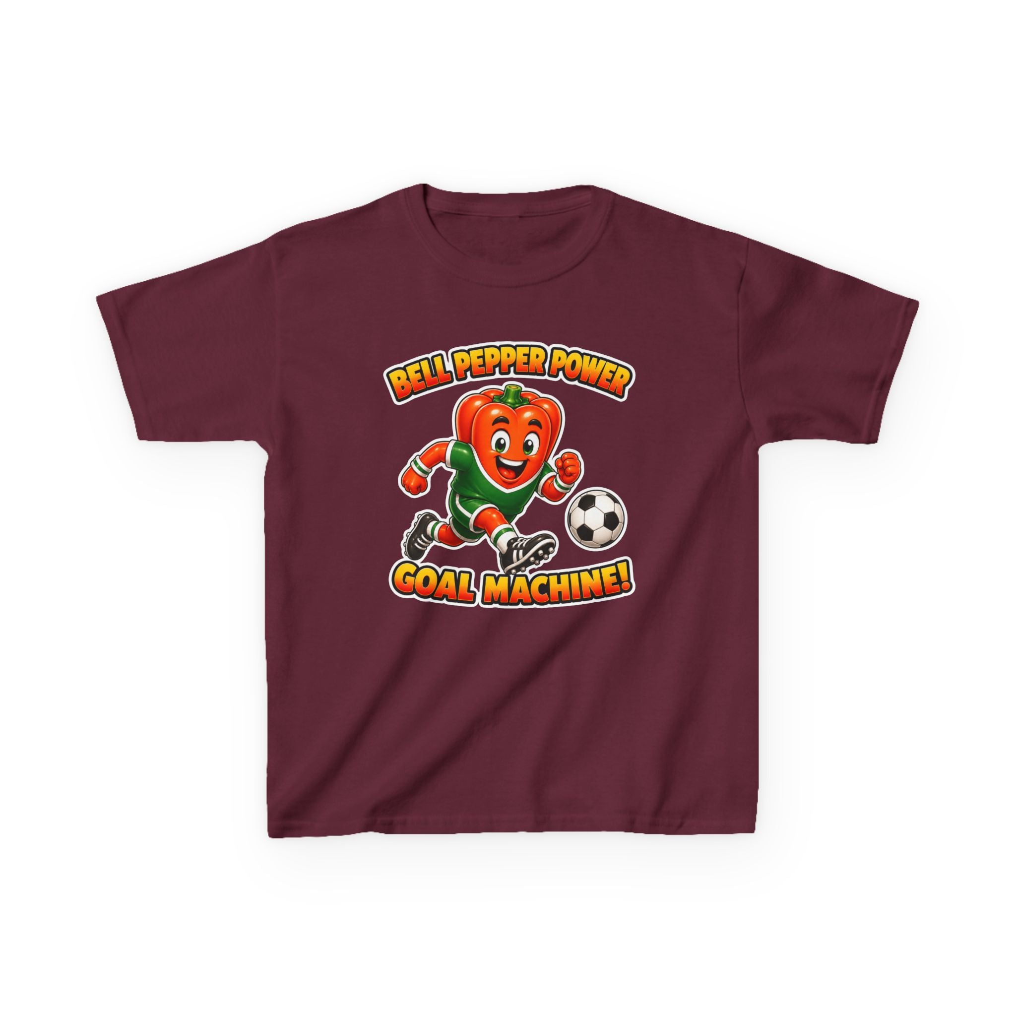 Kids Soccer T-Shirt — 'Bell Pepper Power' Goal Machine Cute Veggie Mascot Graphic Tee
