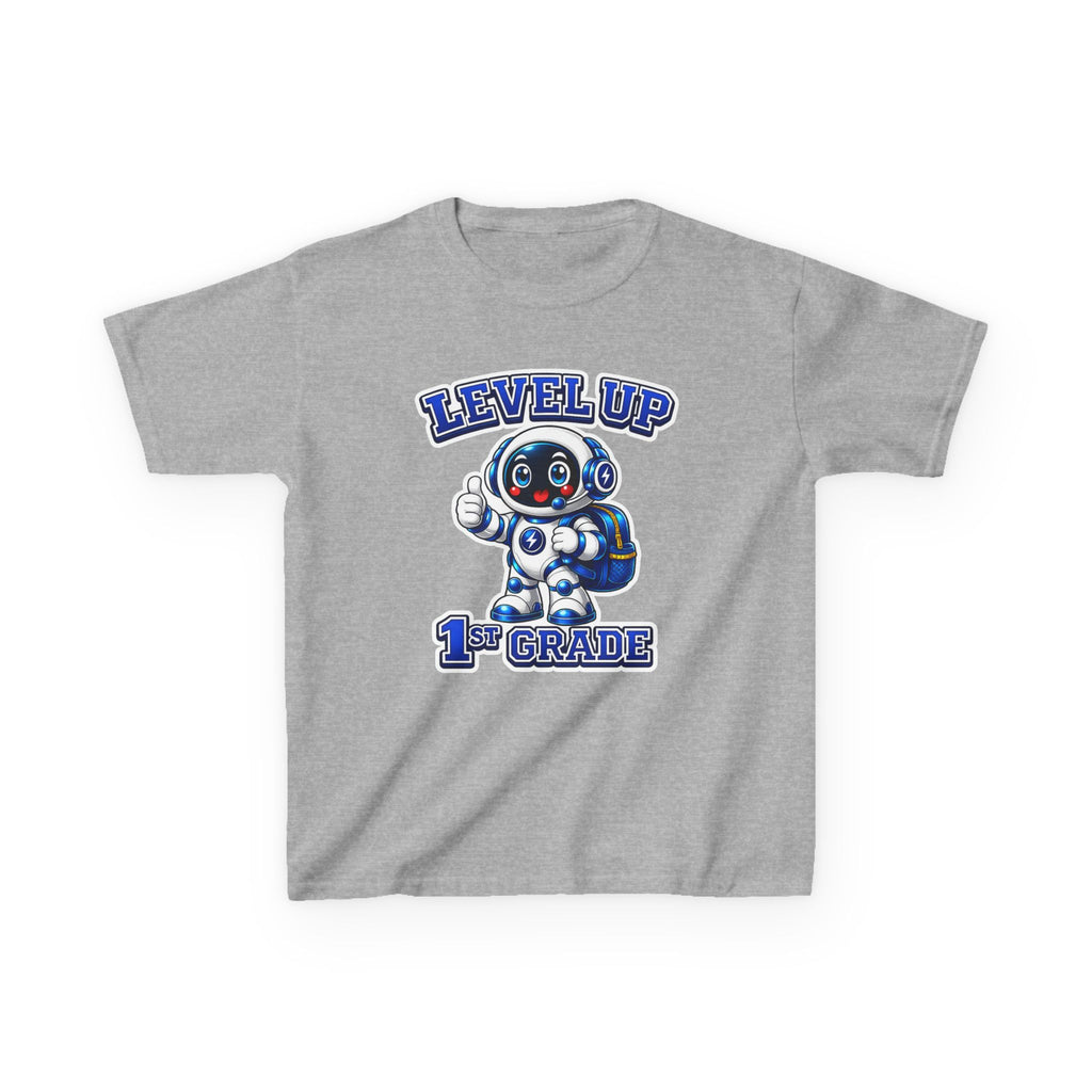 1st Grade Level Up Kids T‑Shirt — Cute Robot Back to School Tee