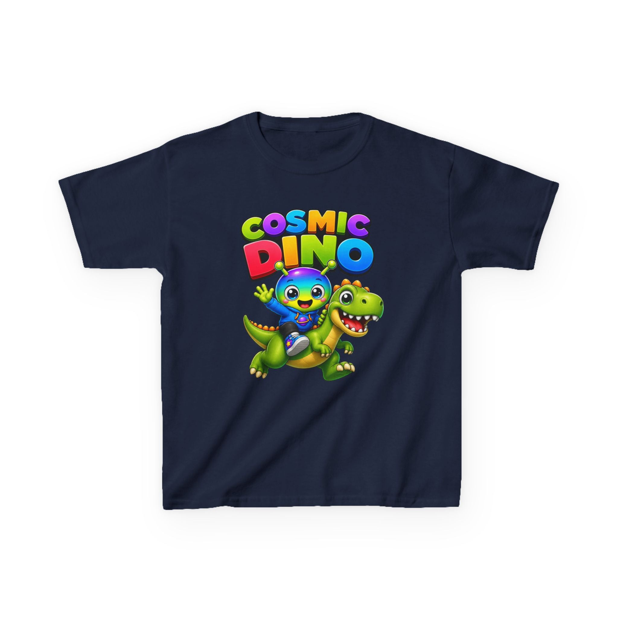 Kids Cosmic Dino T-Shirt — 'Cosmic Dino' Colorful Alien Riding Dinosaur Graphic Tee