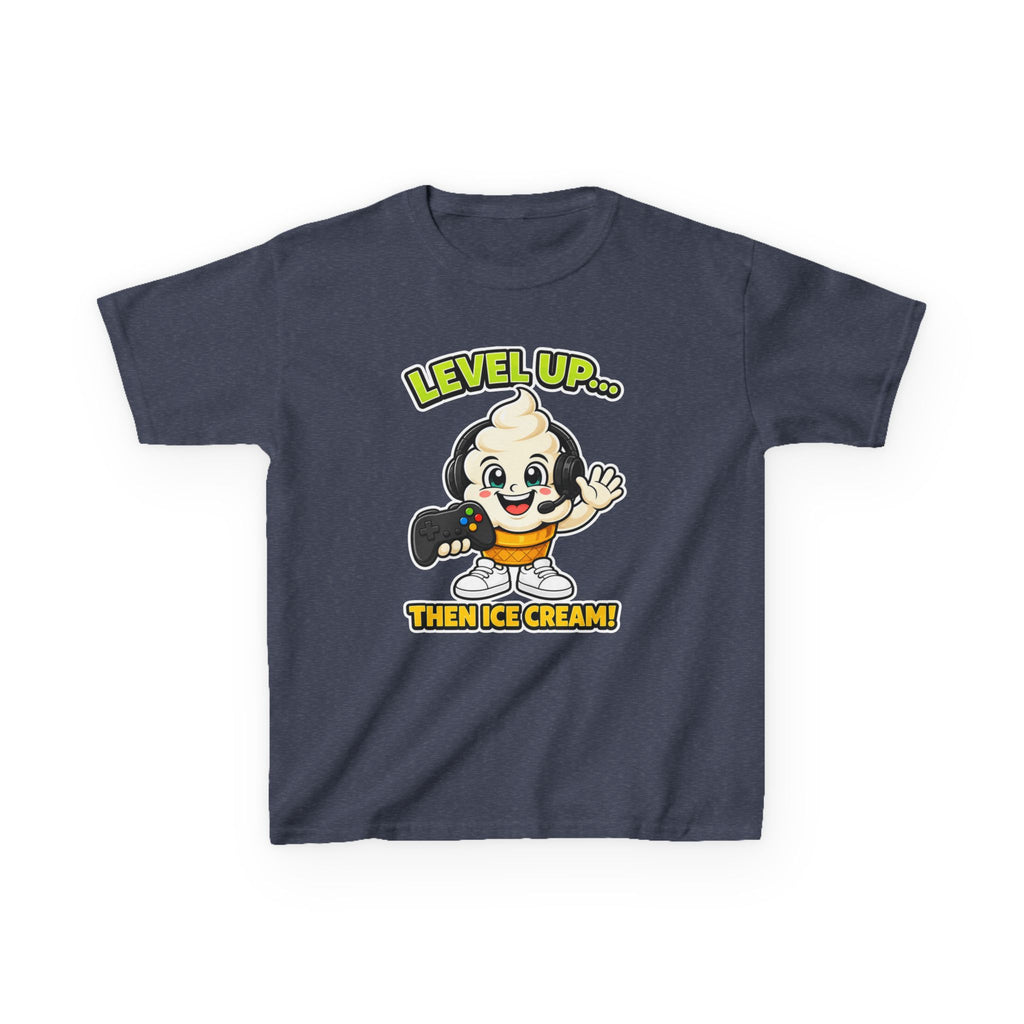 Kids Gamer T-Shirt — 'Level Up... Then Ice Cream!' Ice Cream Cartoon Graphic Tee