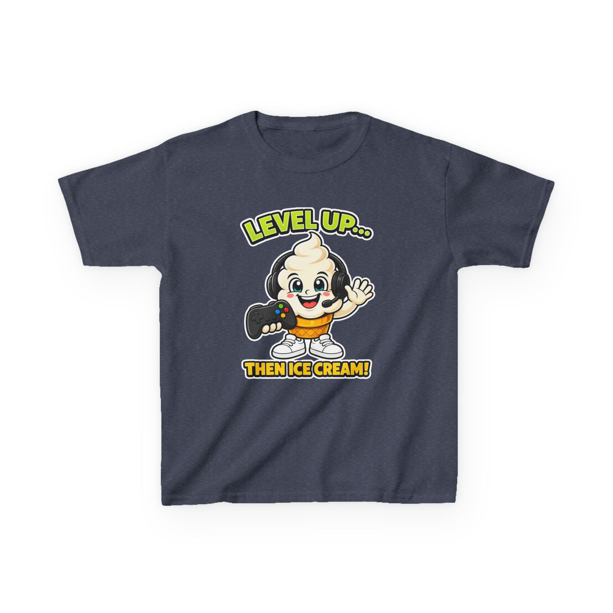 Kids Gamer T-Shirt — 'Level Up... Then Ice Cream!' Ice Cream Cartoon Graphic Tee