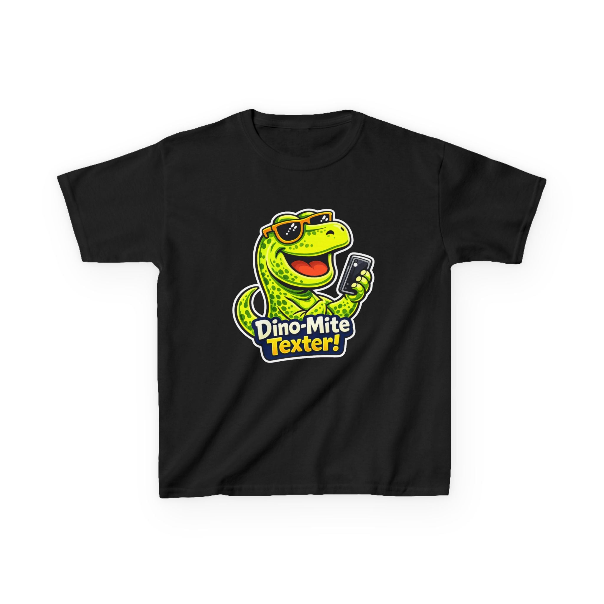 Kids Dinosaur T-Shirt — 'Dino-Mite Texter' Cartoon Dinosaur Graphic Tee
