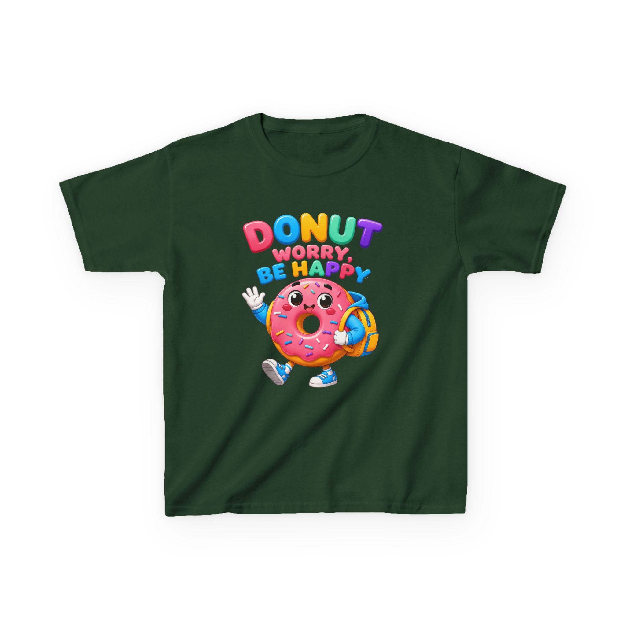 Kids Tee — "Donut Worry, Be Happy" Colorful Cartoon Donut Shirt