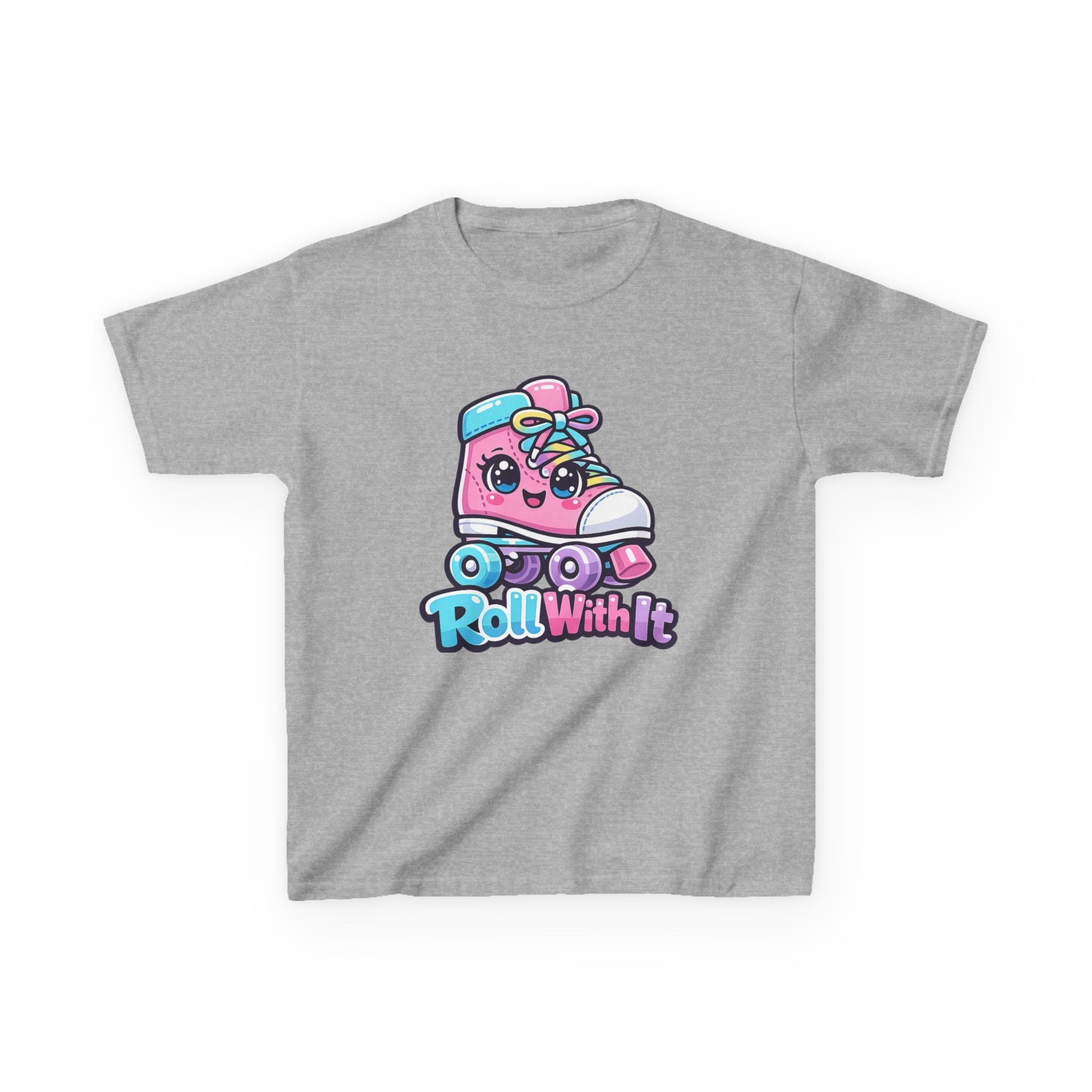 Kids Roller Skate T-Shirt — 'Roll With It' Cute Pink Roller Skate Graphic Tee