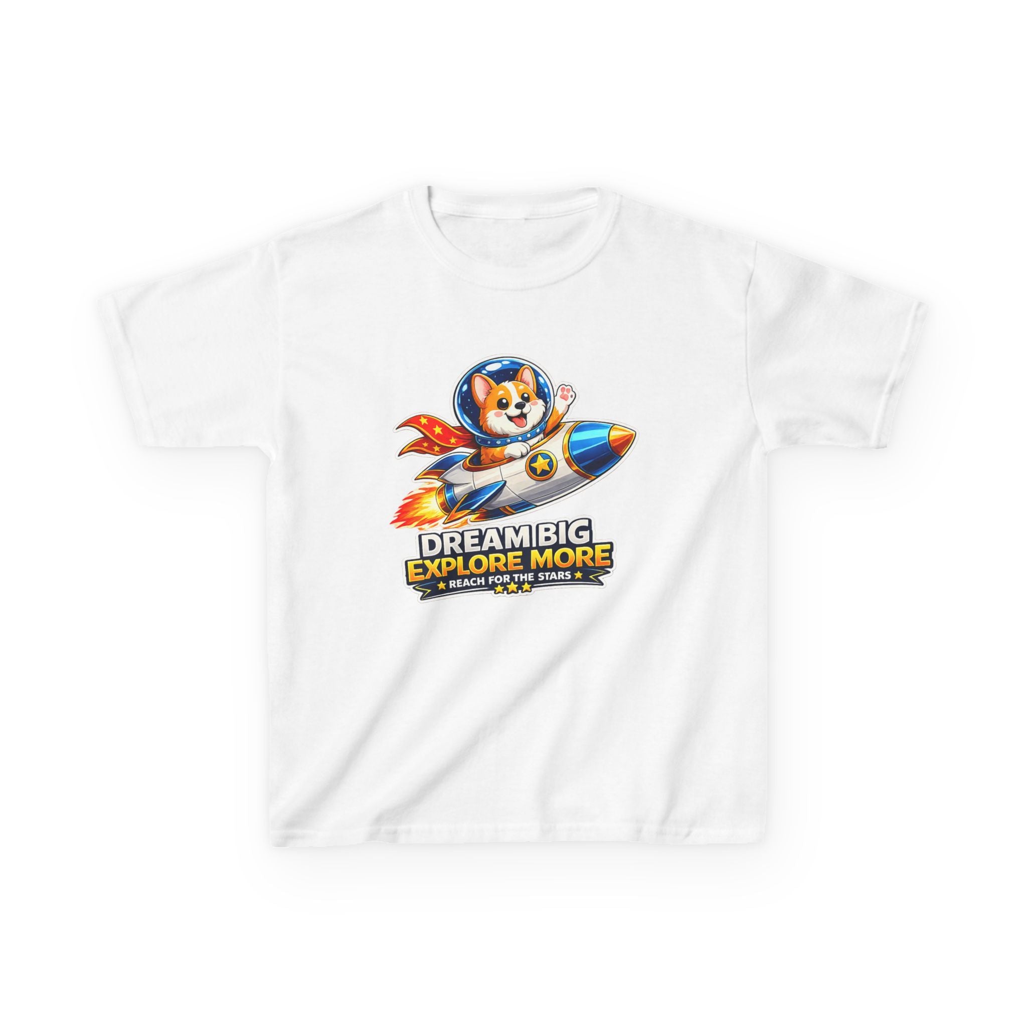 Kids Tee — "Dream Big Explore More" Rocket Dog Space Graphic