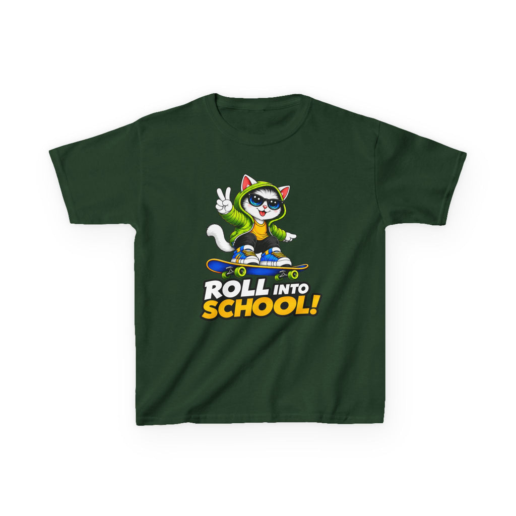 Kids Skateboarding Cat T-Shirt — 'Roll Into School' Back-to-School Graphic Tee