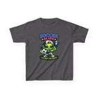 Kids Soccer T-Shirt — 'Too Fast for Earth' Cute Green Alien Soccer Graphic Tee