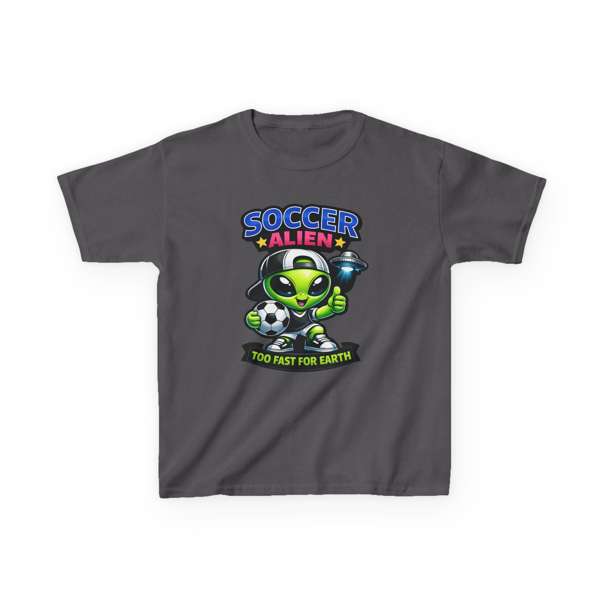 Kids Soccer T-Shirt — 'Too Fast for Earth' Cute Green Alien Soccer Graphic Tee
