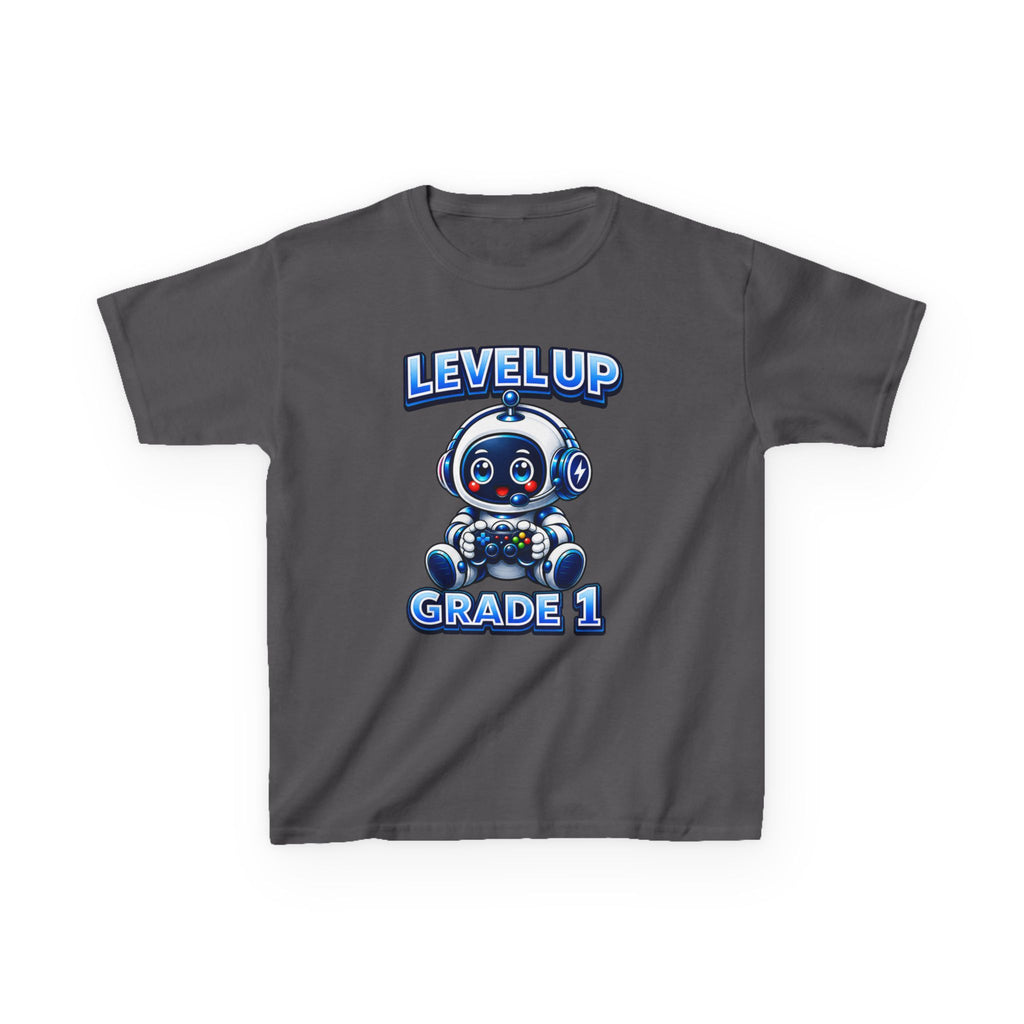 Kids Grade 1 T-Shirt — 'Level Up' Cute Robot Back-to-School Graphic Tee