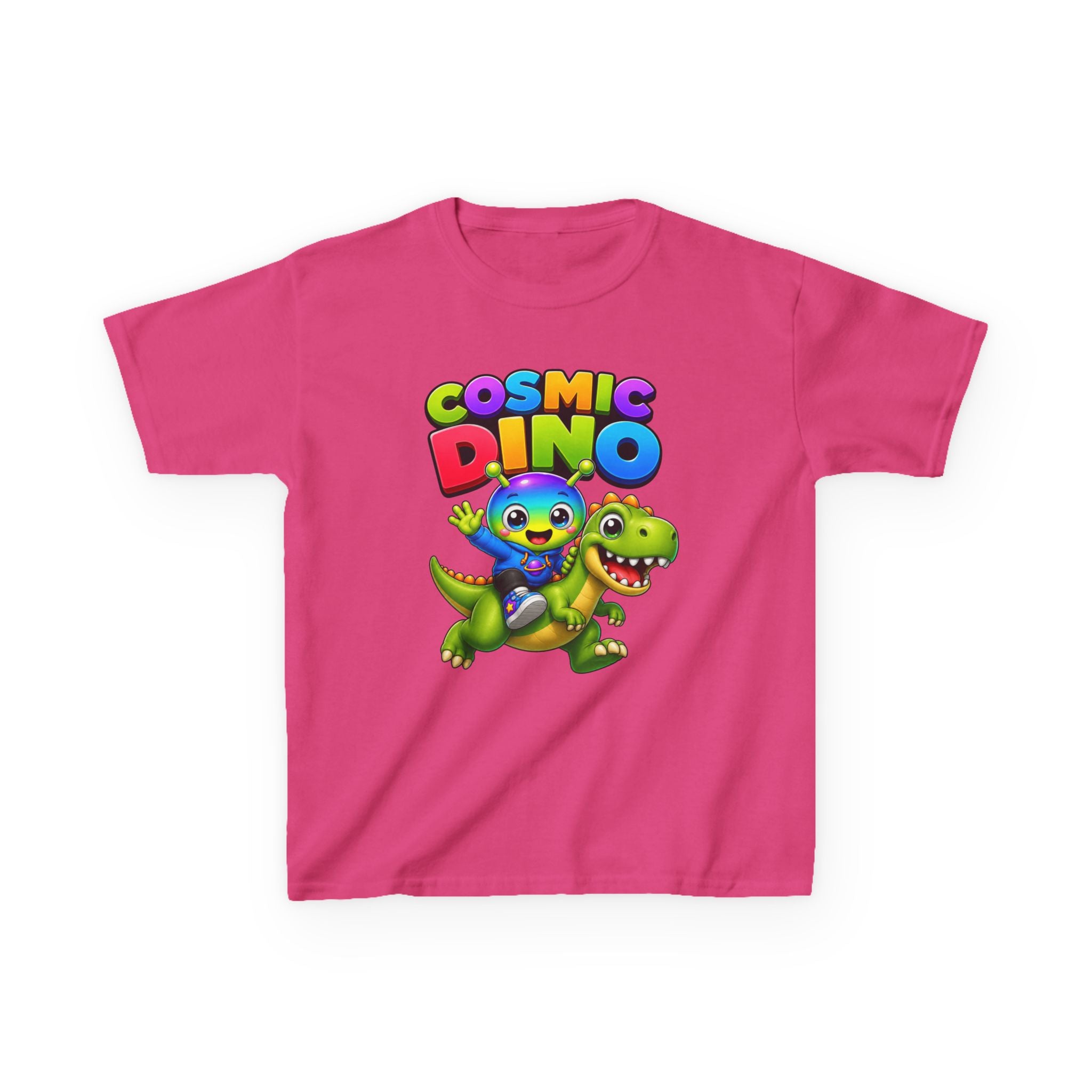 Kids Cosmic Dino T-Shirt — 'Cosmic Dino' Colorful Alien Riding Dinosaur Graphic Tee