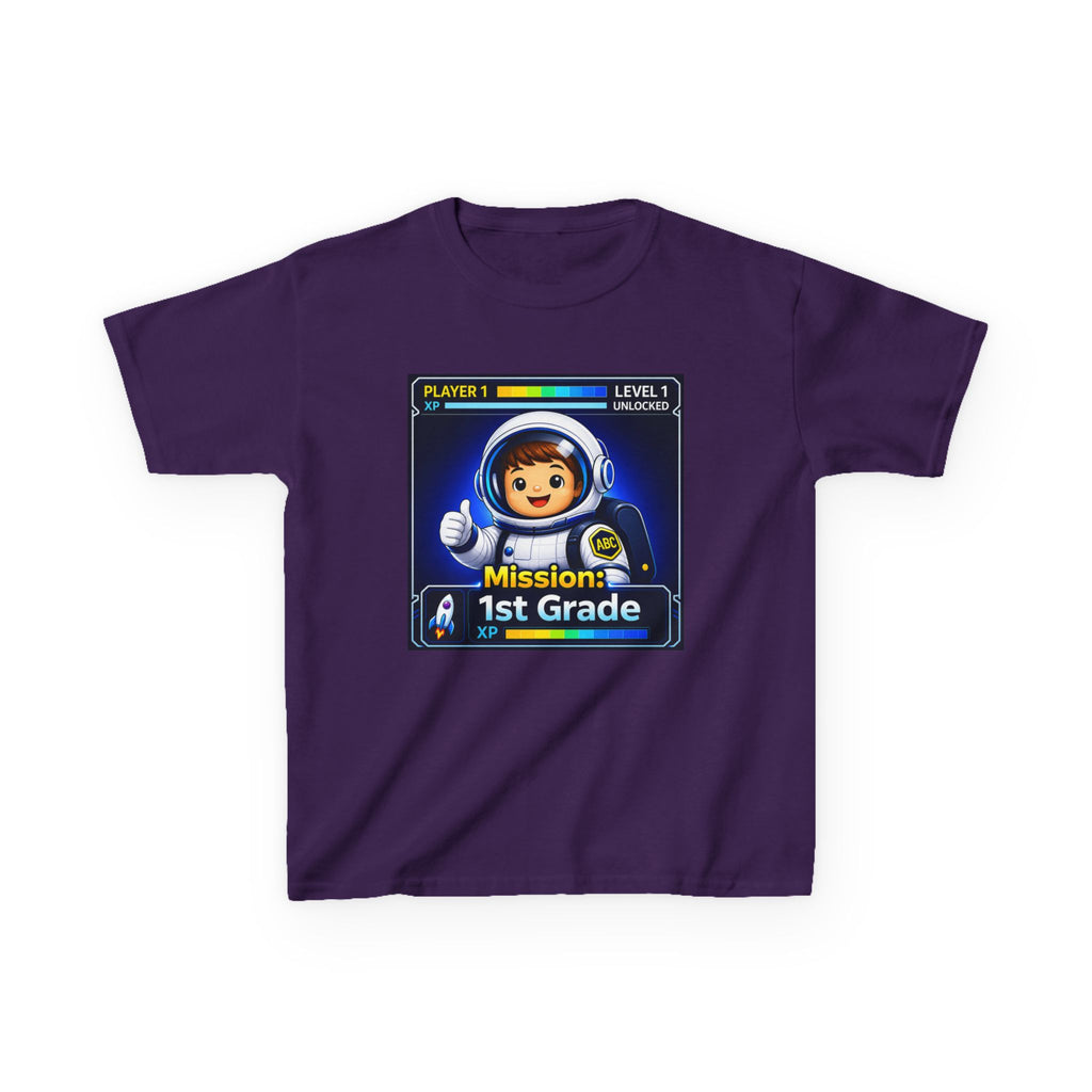 Kids Gaming T-Shirt — 'Mission: 1st Grade' Level Up Astronaut Graphic Tee