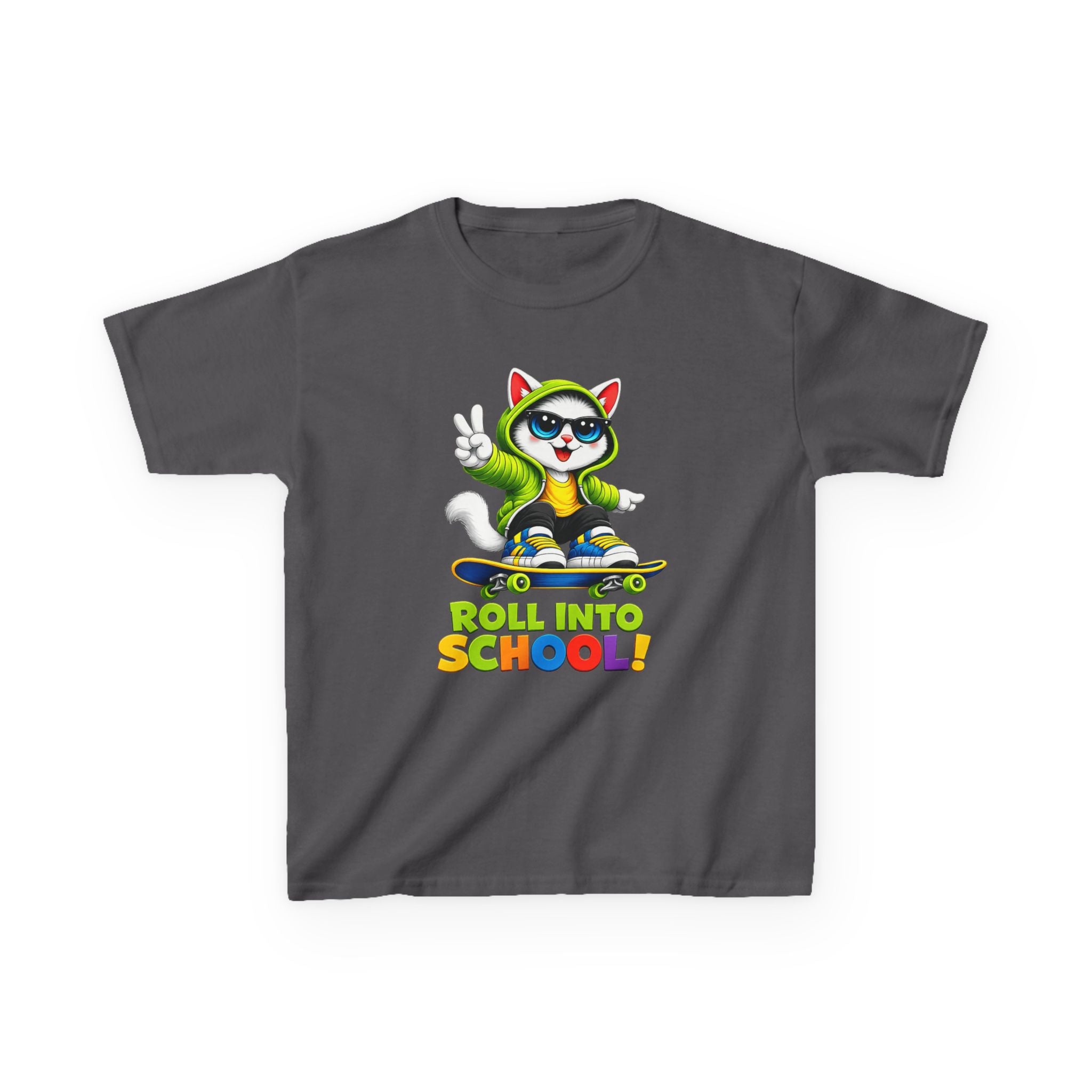 Kids Skateboard Cat T-Shirt — 'Roll Into School' Back-to-School Graphic Tee