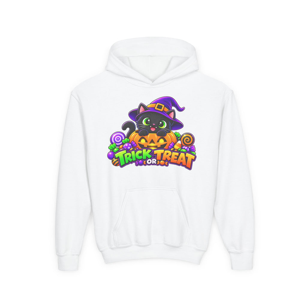 Kidxtr™ Kids Halloween Hoodie — 'Trick or Treat' Black Cat in Pumpkin Graphic Hoodie