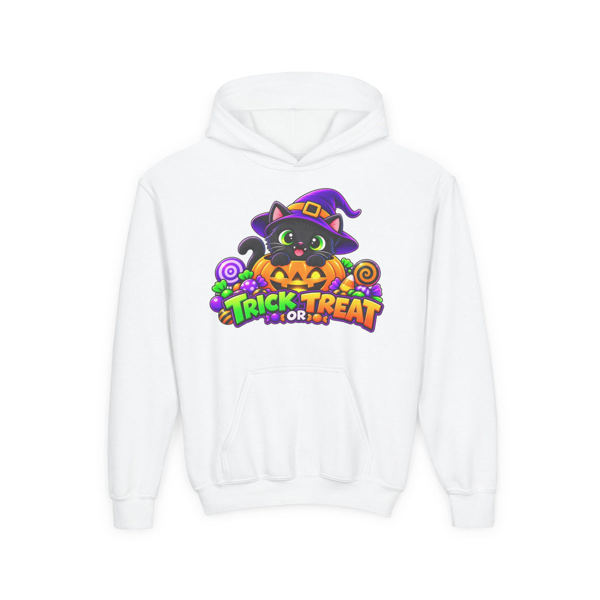 Kidxtr™ Kids Halloween Hoodie — 'Trick or Treat' Black Cat in Pumpkin Graphic Hoodie