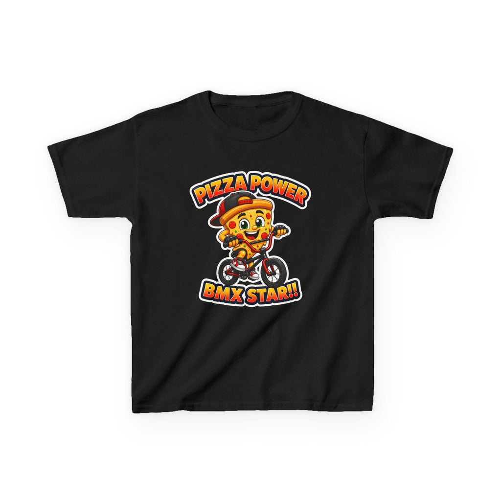 Kids BMX T-Shirt — 'Pizza Power' Cute Pizza Character Riding Bike Graphic Tee