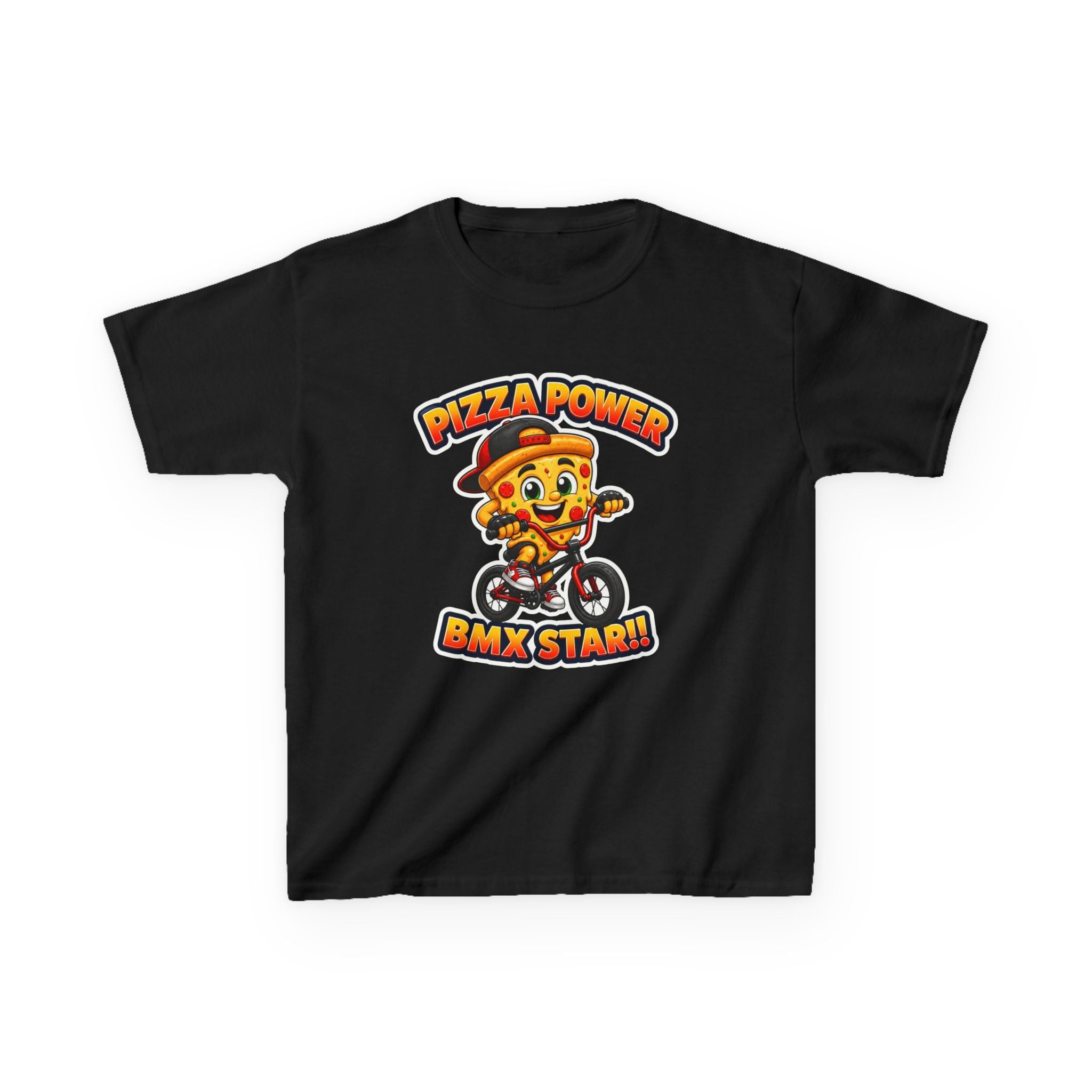 Kids BMX T-Shirt — 'Pizza Power' Cute Pizza Character Riding Bike Graphic Tee