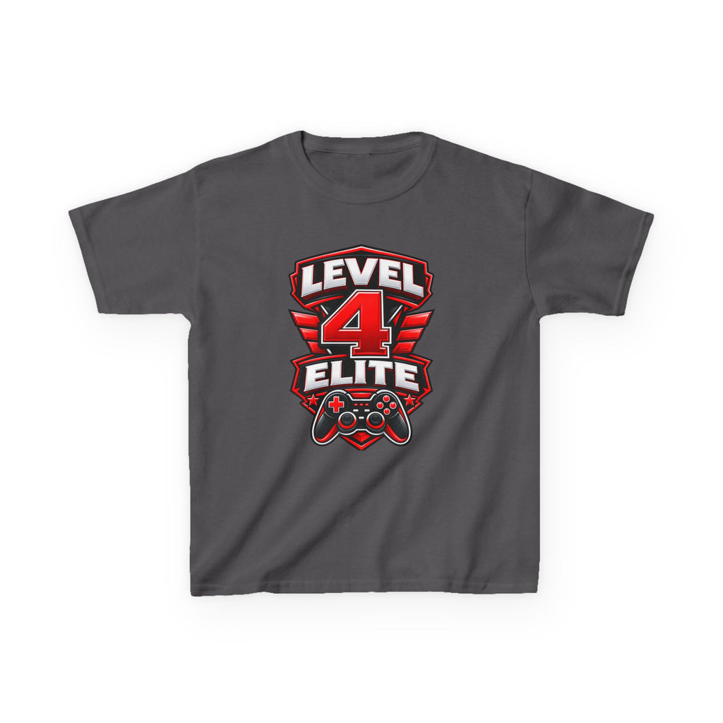 Kids Gamer T-Shirt — 'Level 4 Elite' Gamer Badge Graphic Tee
