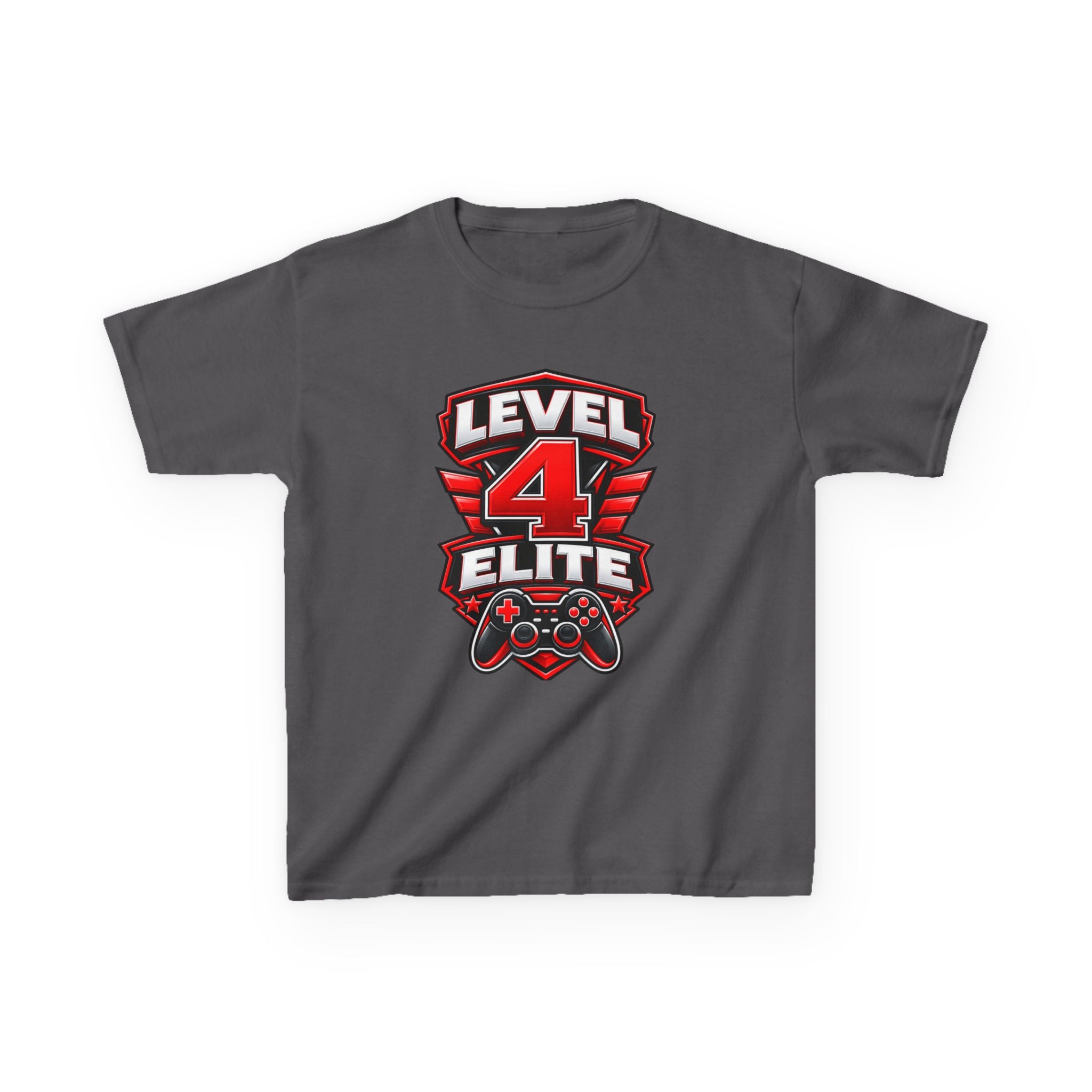Kids Gamer T-Shirt — 'Level 4 Elite' Gamer Badge Graphic Tee