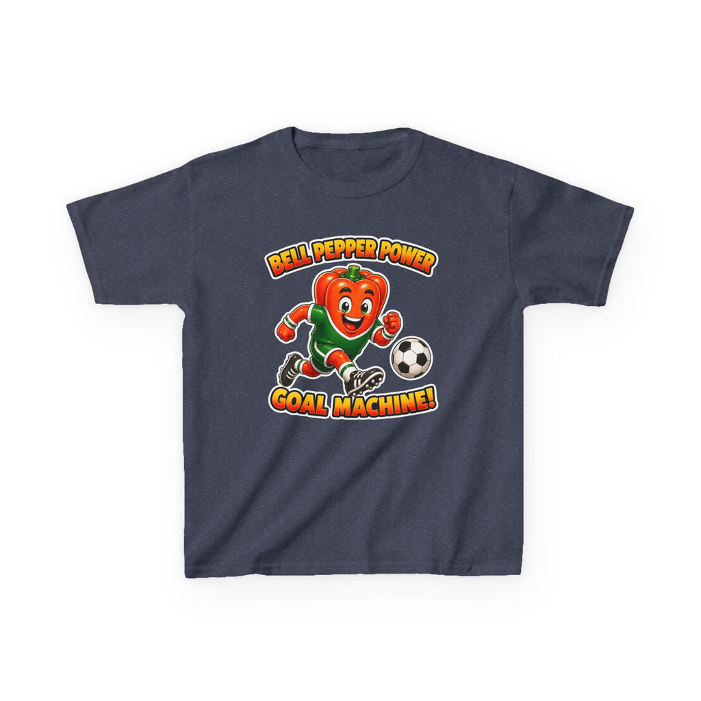Kids Soccer T-Shirt — 'Bell Pepper Power' Goal Machine Cute Veggie Mascot Graphic Tee