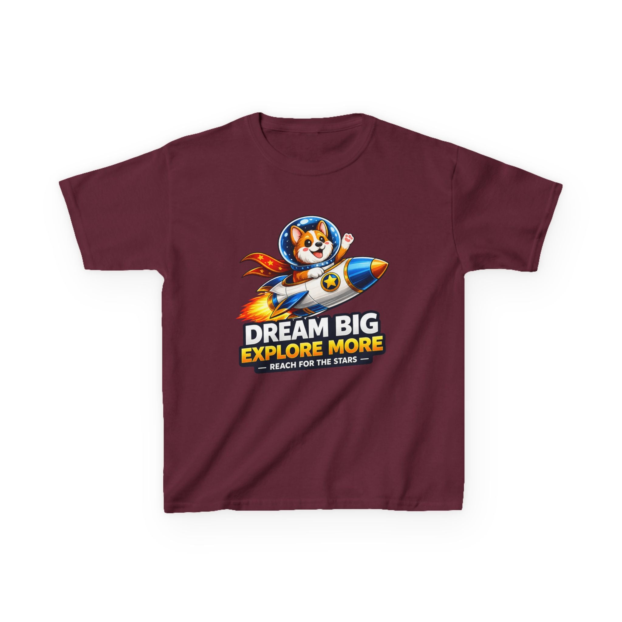 Kids Tee — "Dream Big Explore More" Rocket Dog Space Graphic