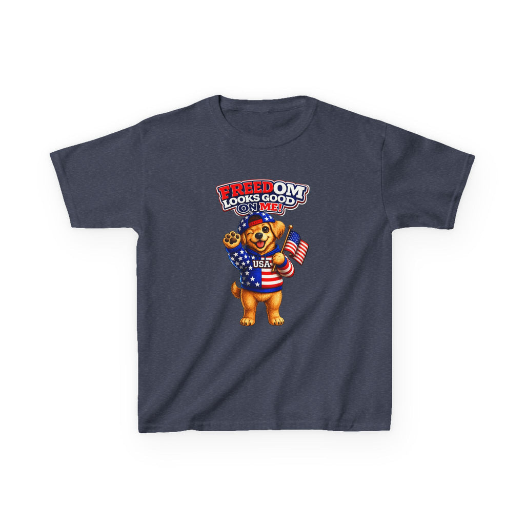 Kids Patriotic T-Shirt — 'Freedom Looks Good on Me' USA Dog Graphic Tee
