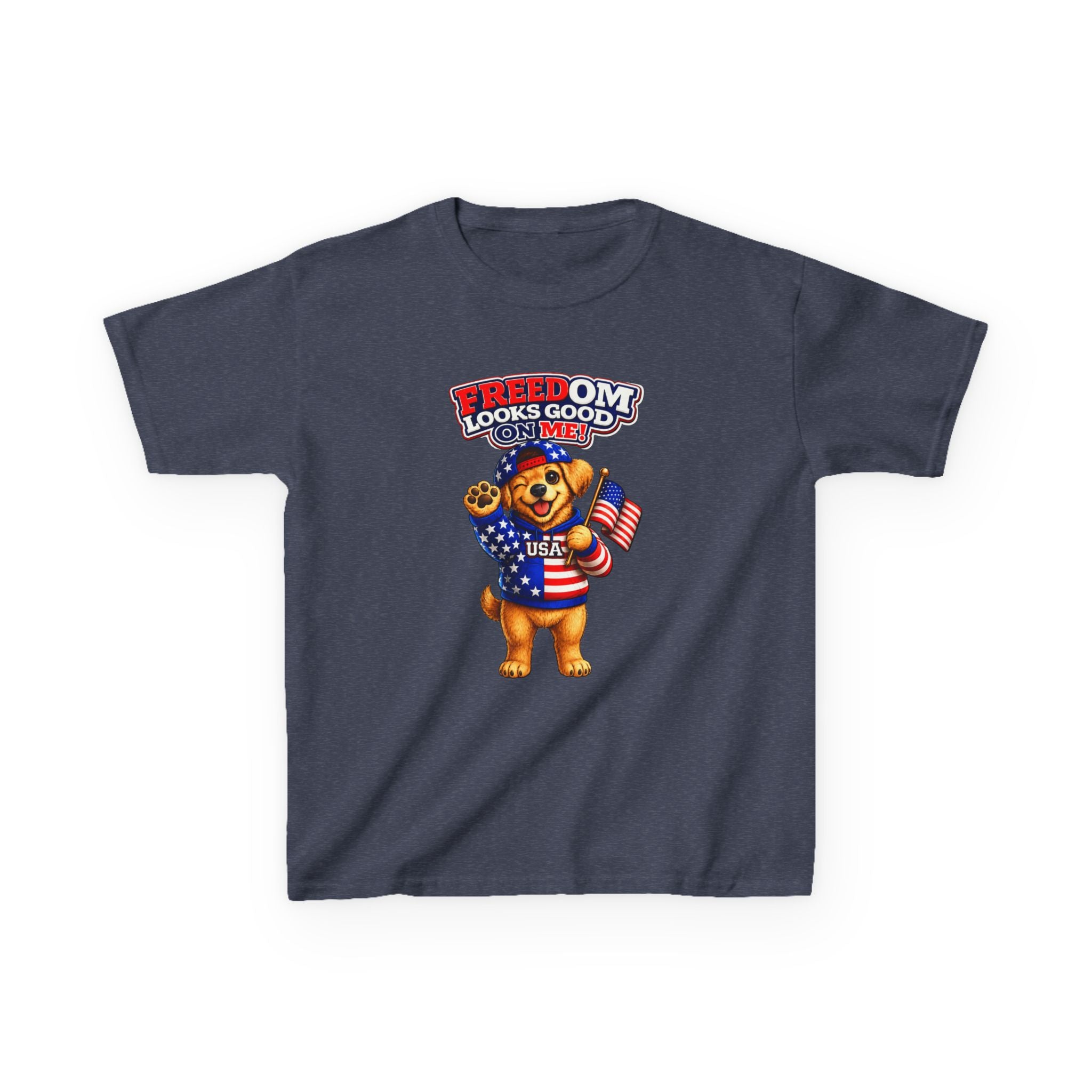 Kids Patriotic T-Shirt — 'Freedom Looks Good on Me' USA Dog Graphic Tee