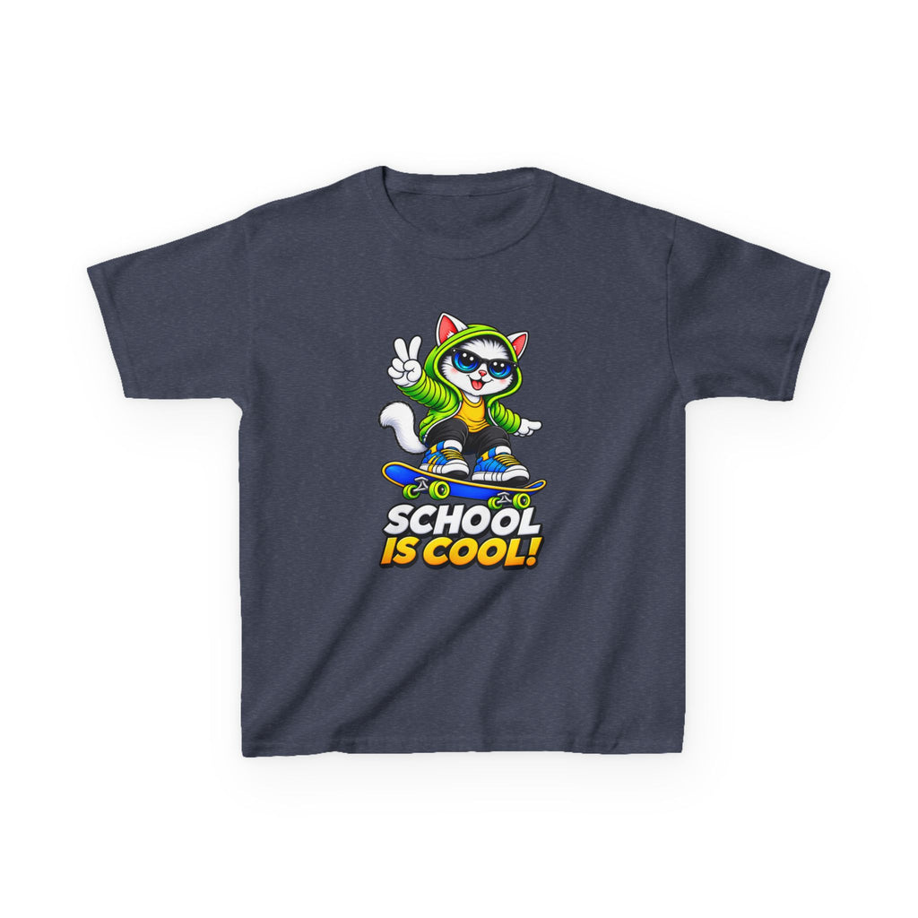 Kids School T-Shirt — 'School Is Cool' Skateboard Cat Graphic Tee