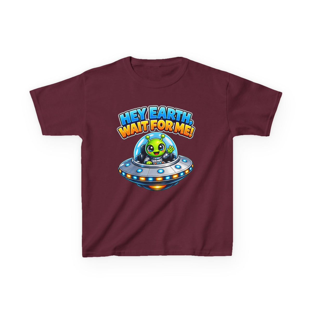 Kidxtr™ Kids Space T-Shirt — 'Hey Earth, Wait For Me!' Alien Spaceship Graphic Tee